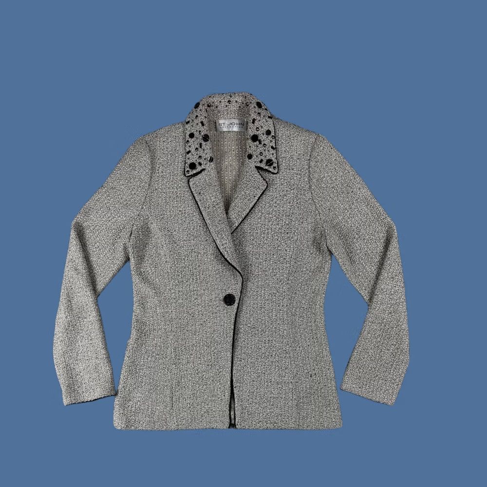 St. John St. John Collection Knit Blazer Jacket Size S Women Gray Solid Embellished Long Sleeve Wool Blend Business Suit Size S / US 4 / IT 40 - 1 Thumbnail