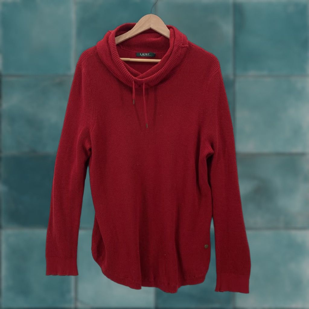 Ralph Lauren VINTAGE Lauren Ralph Lauren Sweater Womens 1X Red Cowl Neck Cotton Waffle Knit Pullover Size XL / US 12-14 / IT 48-50 - 1 Thumbnail