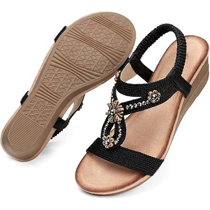 Other Shibever Women's 8.5 Black Tan Beaded Wedge Sandals Size US 8.5 / IT 38.5 - 3 Thumbnail