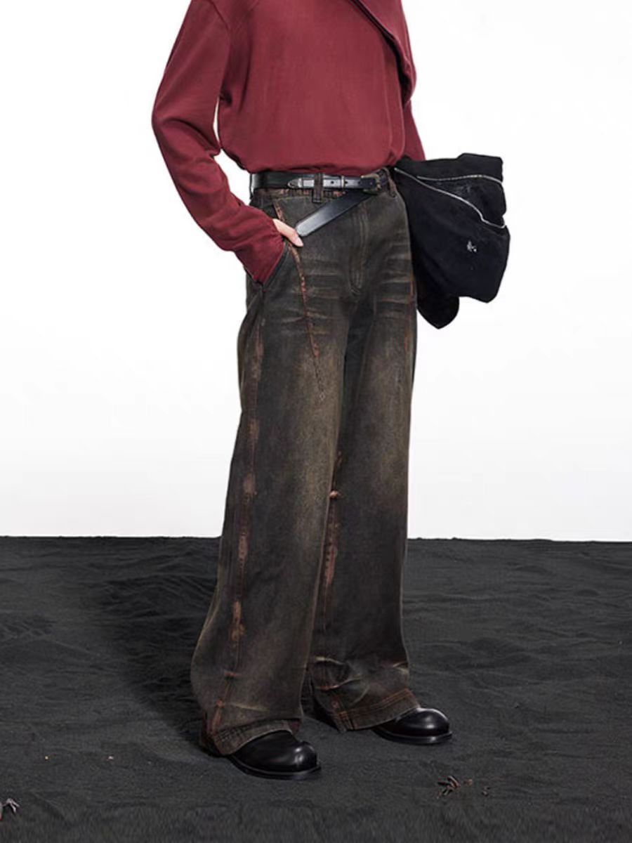 Streetwear heavy washed distressed rust baggy jeans