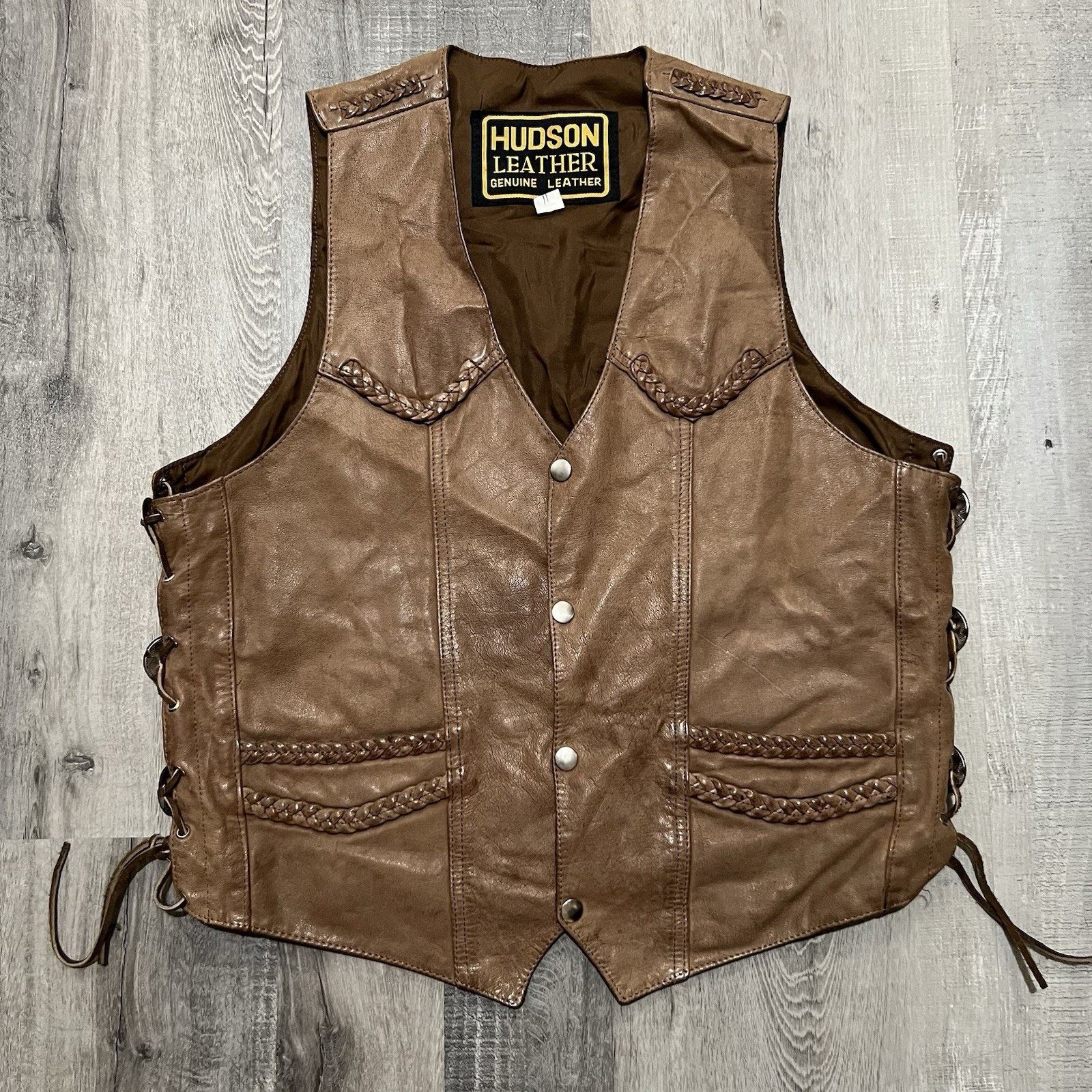VTG Hudson Leather Western Snap Concho Brown Lace Biker Vest