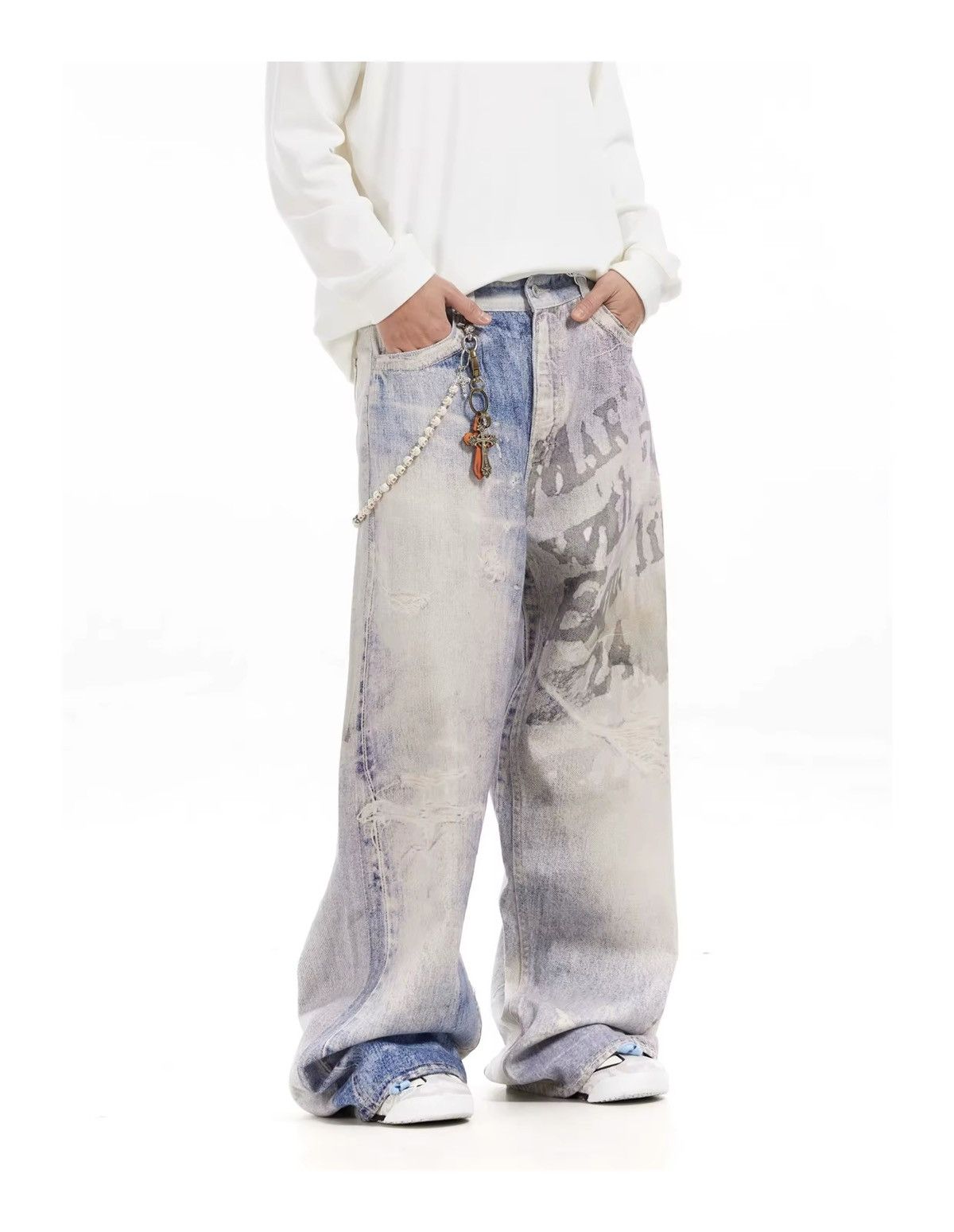 Designer × Jean Design Washed Blue Baggy Jeans Vintage Retro Size US 34 / EU 50 - 4 Thumbnail