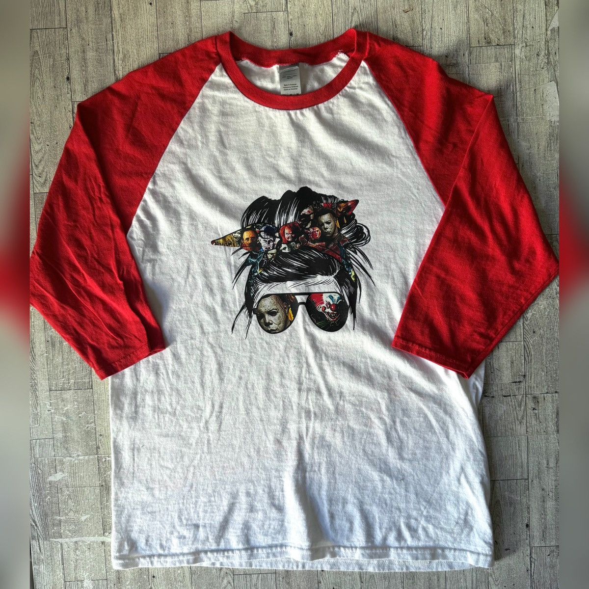 Other Messy Bun/Horror Movie, Custom Halloween Raglan Tee Size M / US 6-8 / IT 42-44 - 7 Thumbnail