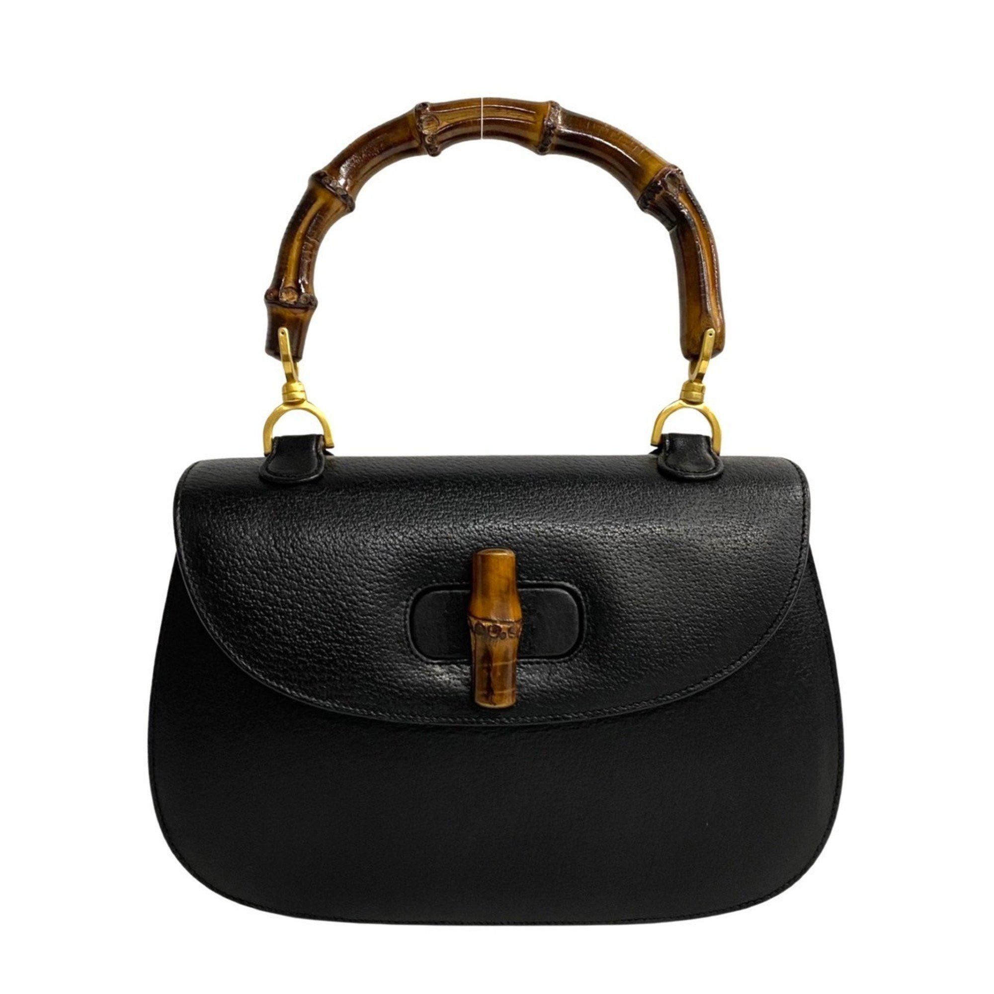 image of Gucci Old Gucci Bamboo Turnlock Leather Handbag Black 33909, Women's