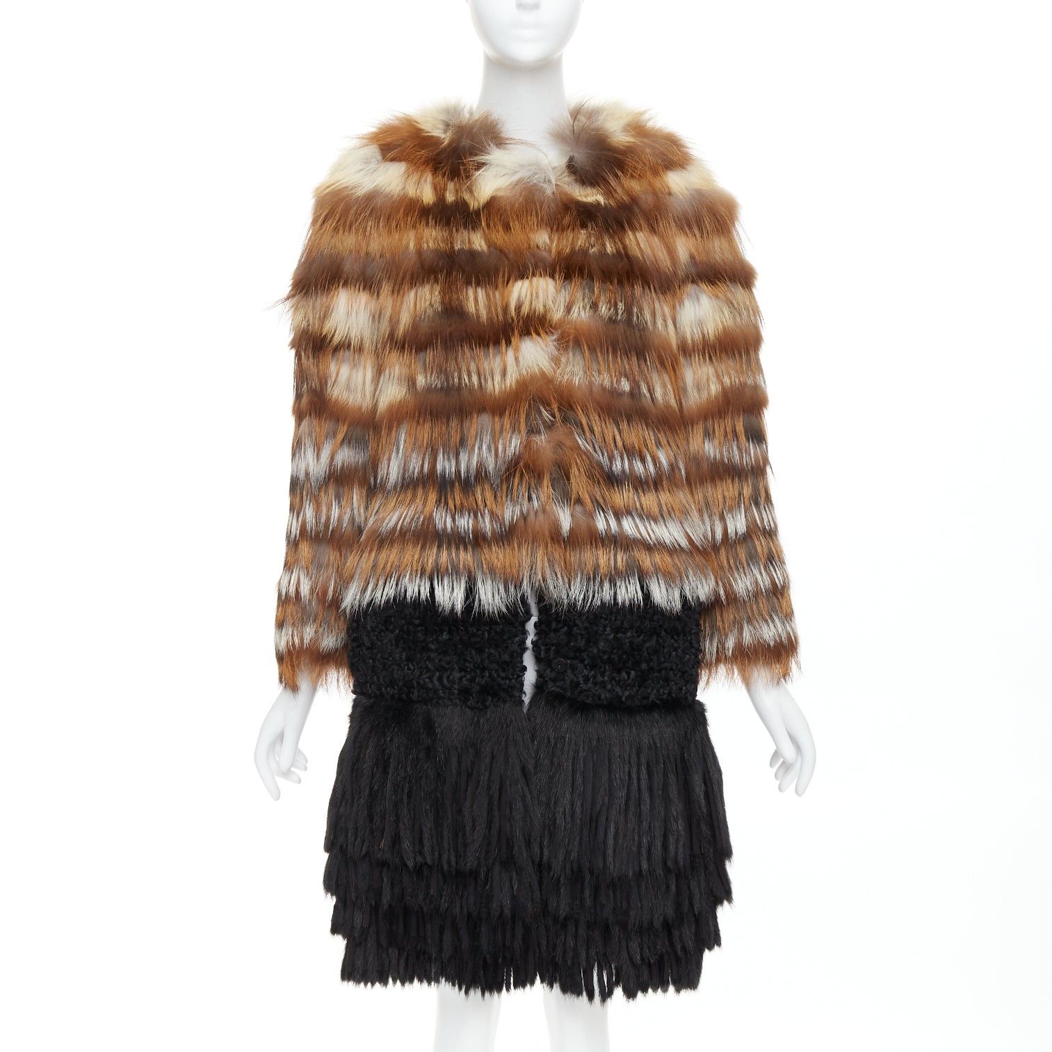 Giambattista Valli GIAMBATTISTA VALLI brown black mixed fur fringe hem long coat Size S / US 4 / IT 40 - 1 Thumbnail