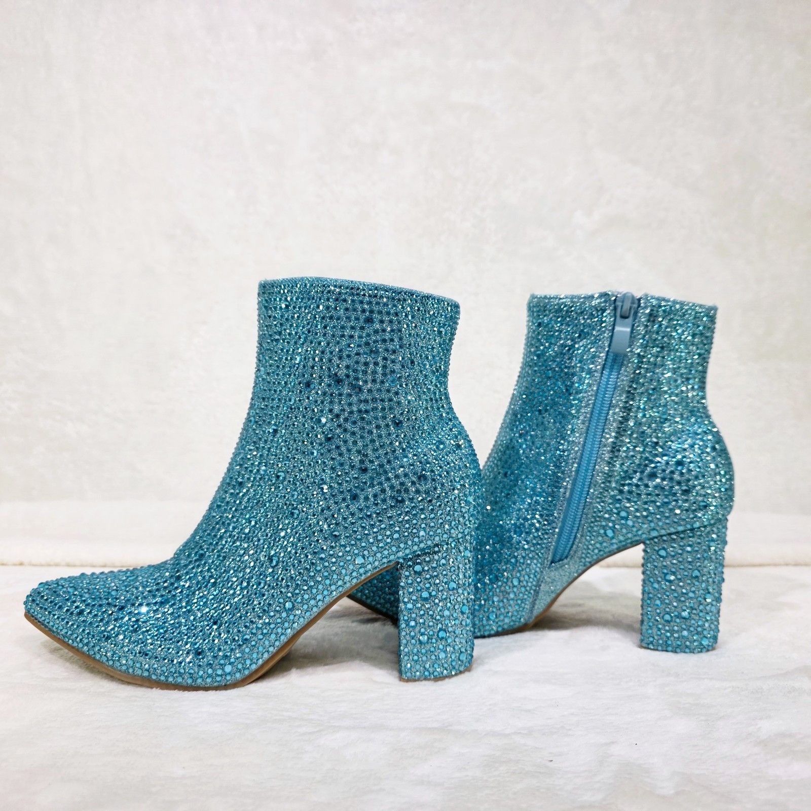 Other Crystel Ice Blue Rhinestone 3" Block Heel Ankle Boots Bootie Size US 9 / IT 39 - 2 Thumbnail