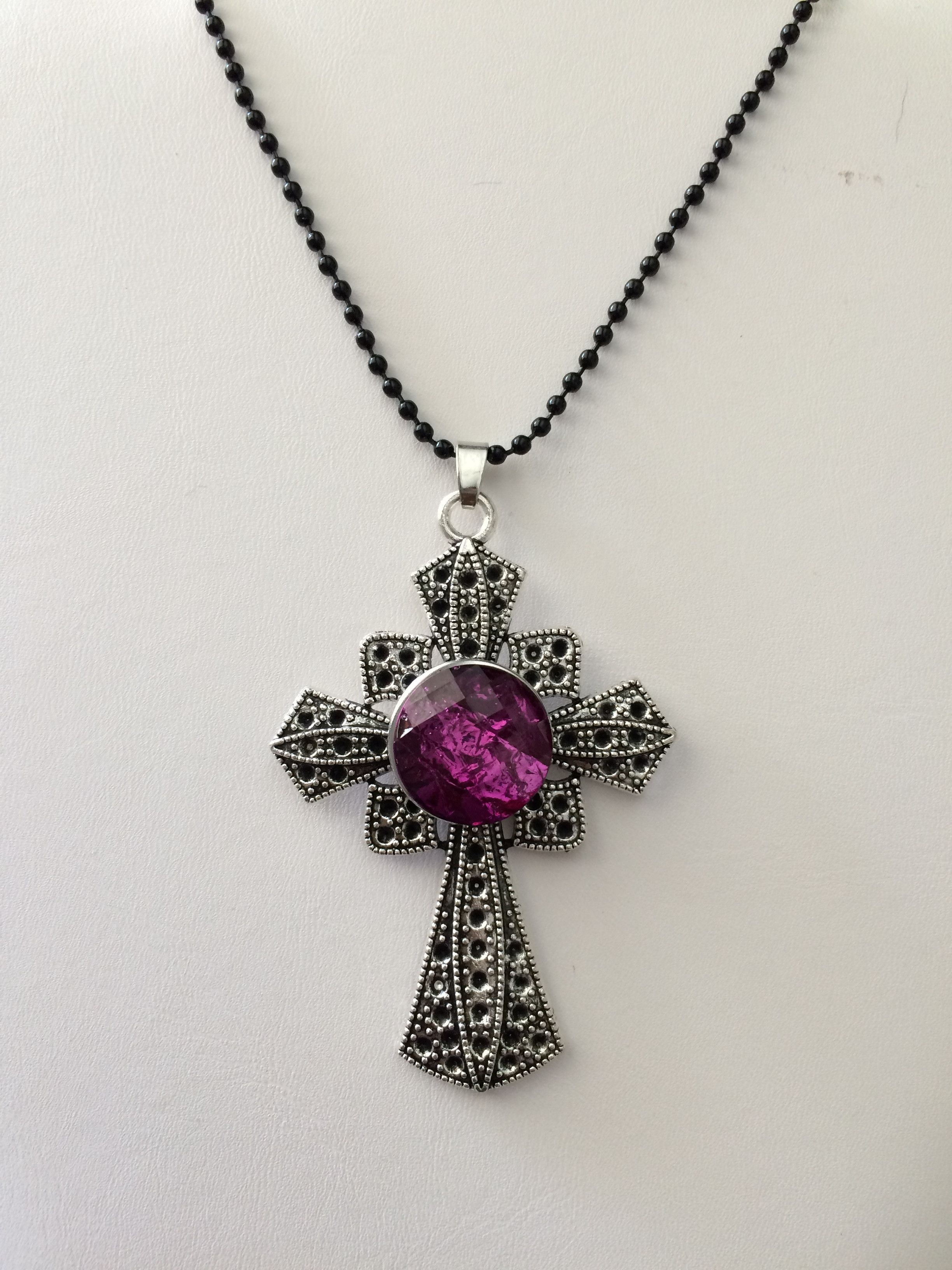 Jewelry Cross Chunk Button Tibetan silver Pendant Necklace - Purple Size ONE SIZE - 1 Thumbnail