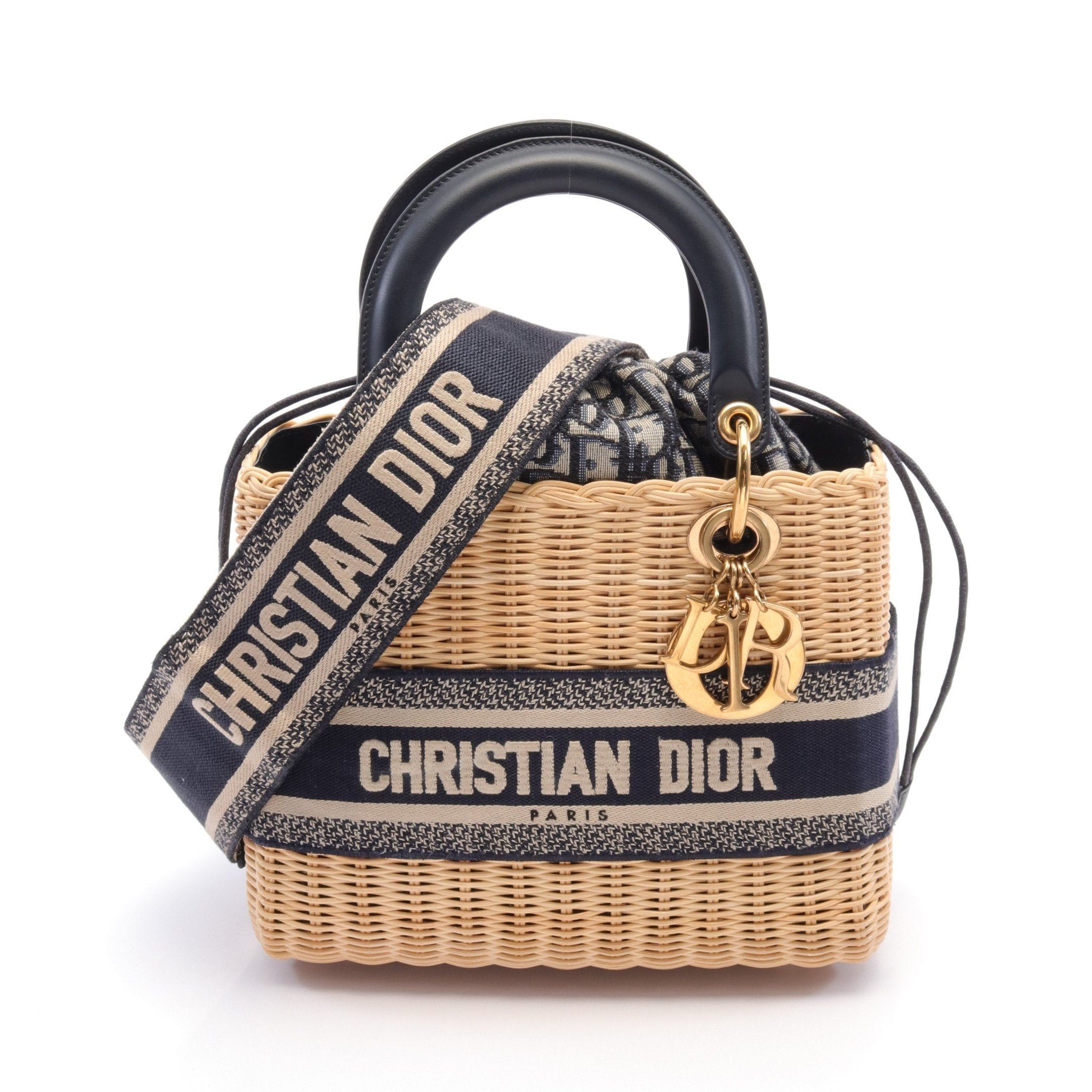 Dior Dior Lady Dior Medium Wicker Oblique Jacquard Basket Bag Handbag Rattan Leather Canvas Ivory Navy Size ONE SIZE - 1 Thumbnail