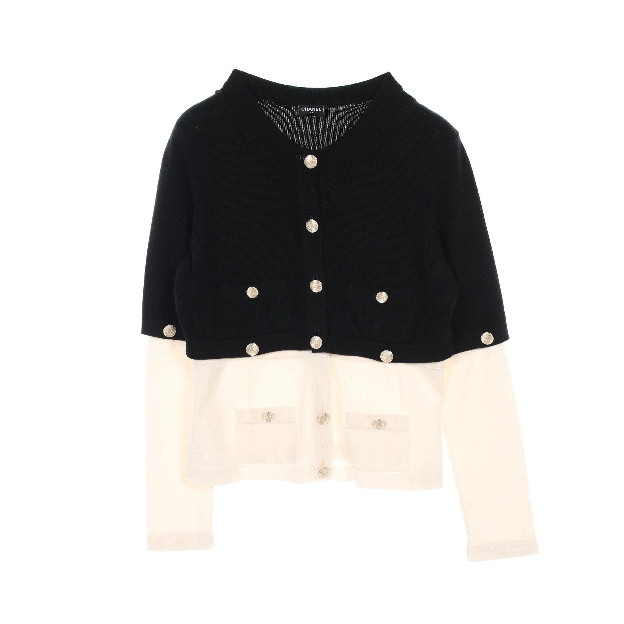 Chanel Chanel Cocomark Button Cardigan Cashmere Black Ivory Size ONE SIZE - 1 Thumbnail