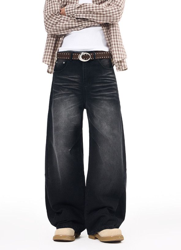 Vintage American-style patchwork washed distressed curved jeans Size US 32 / EU 48 - 2 Thumbnail