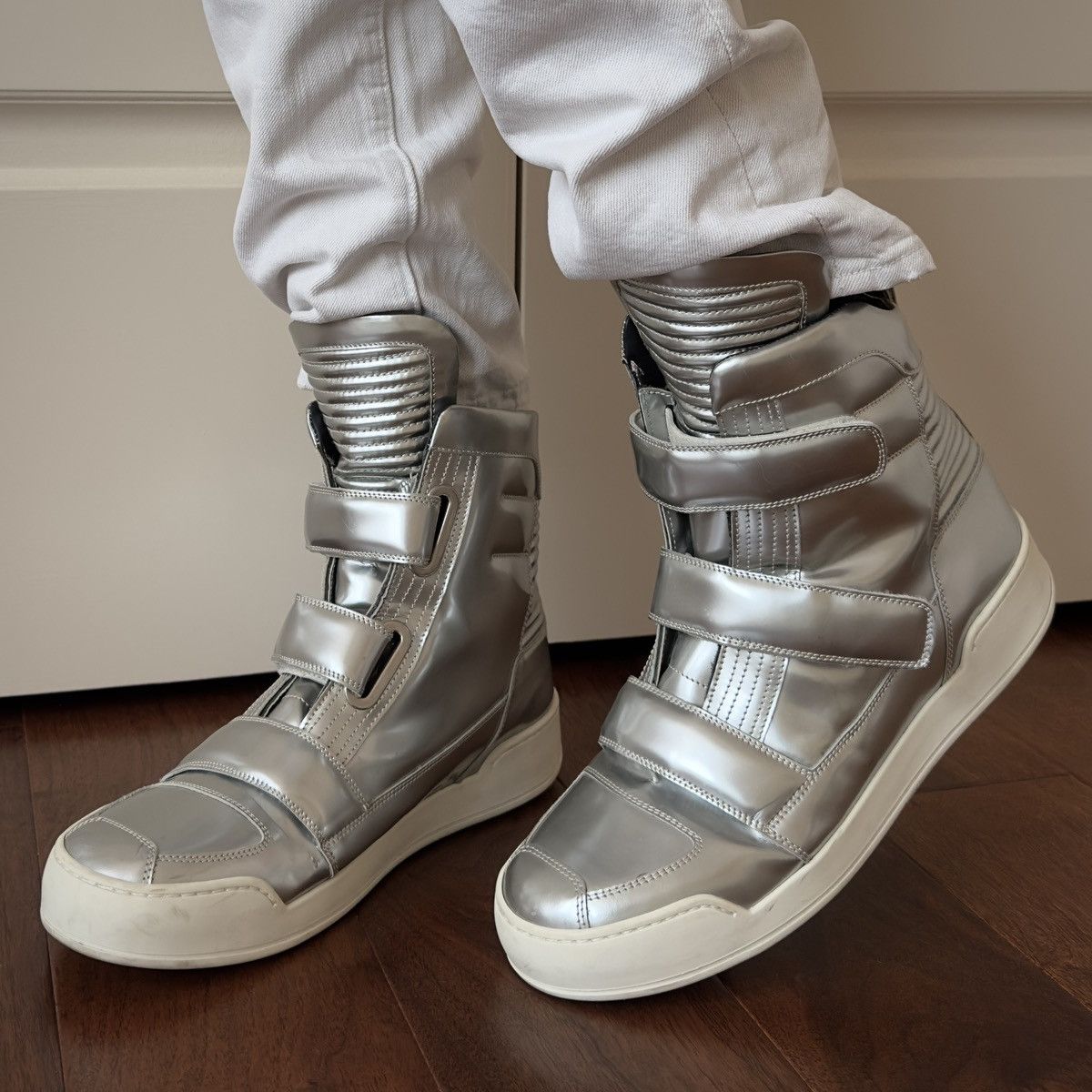 Balmain High-Top Metallic Silver Leather Strap Sneakers