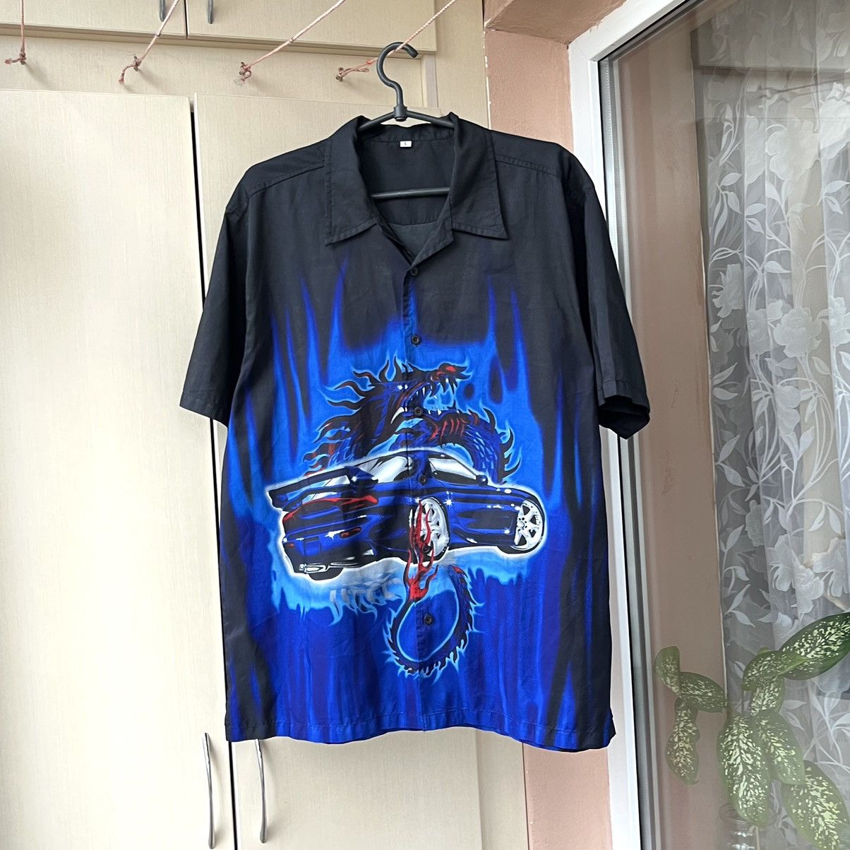 Japanese Brand × Vintage Vintage Hawaiian Japanese flame Dragon Car Print Shirt Size US L / EU 52-54 / 3 - 7 Thumbnail