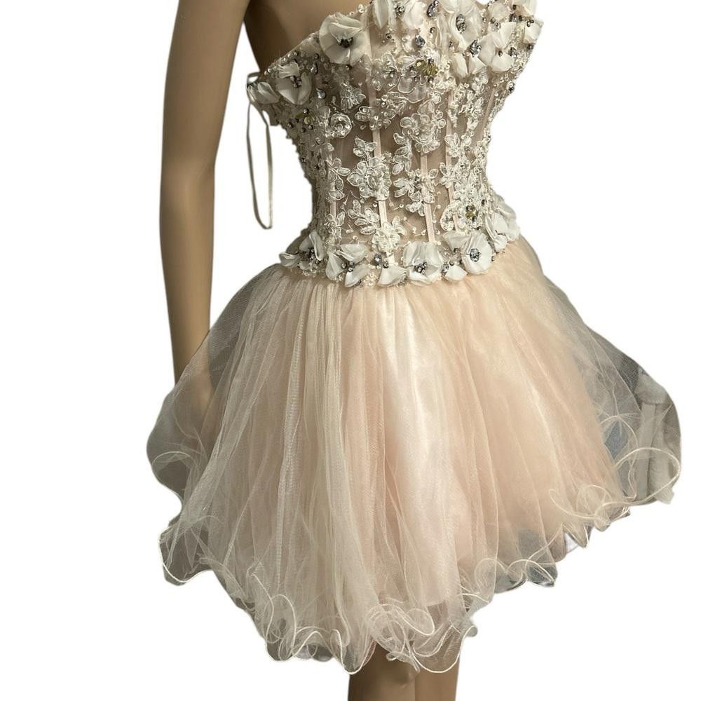 Designer Peach Beaded and Flower Appliqué Cocktail Dress Size M / US 6-8 / IT 42-44 - 2 Thumbnail