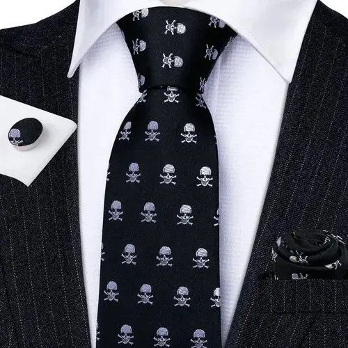 Japanese Brand White Skull Pattern Black Neck Tie Set Mens Size ONE SIZE - 1 Thumbnail