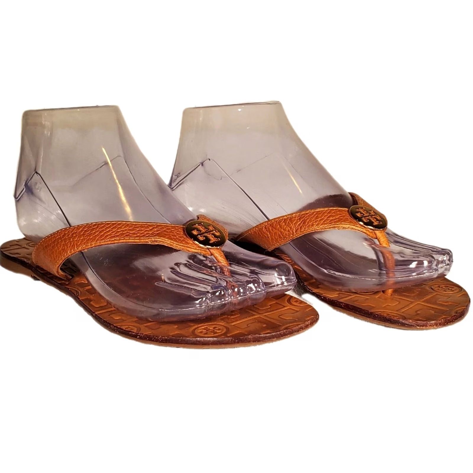 Tory Burch TORY BURCH Thora Caramel Brown Pebbled Leather Gold Logo Flip Flop Sandals Women's US 6 M Leather Sandal Thong Size US 6 / IT 36 - 2 Thumbnail