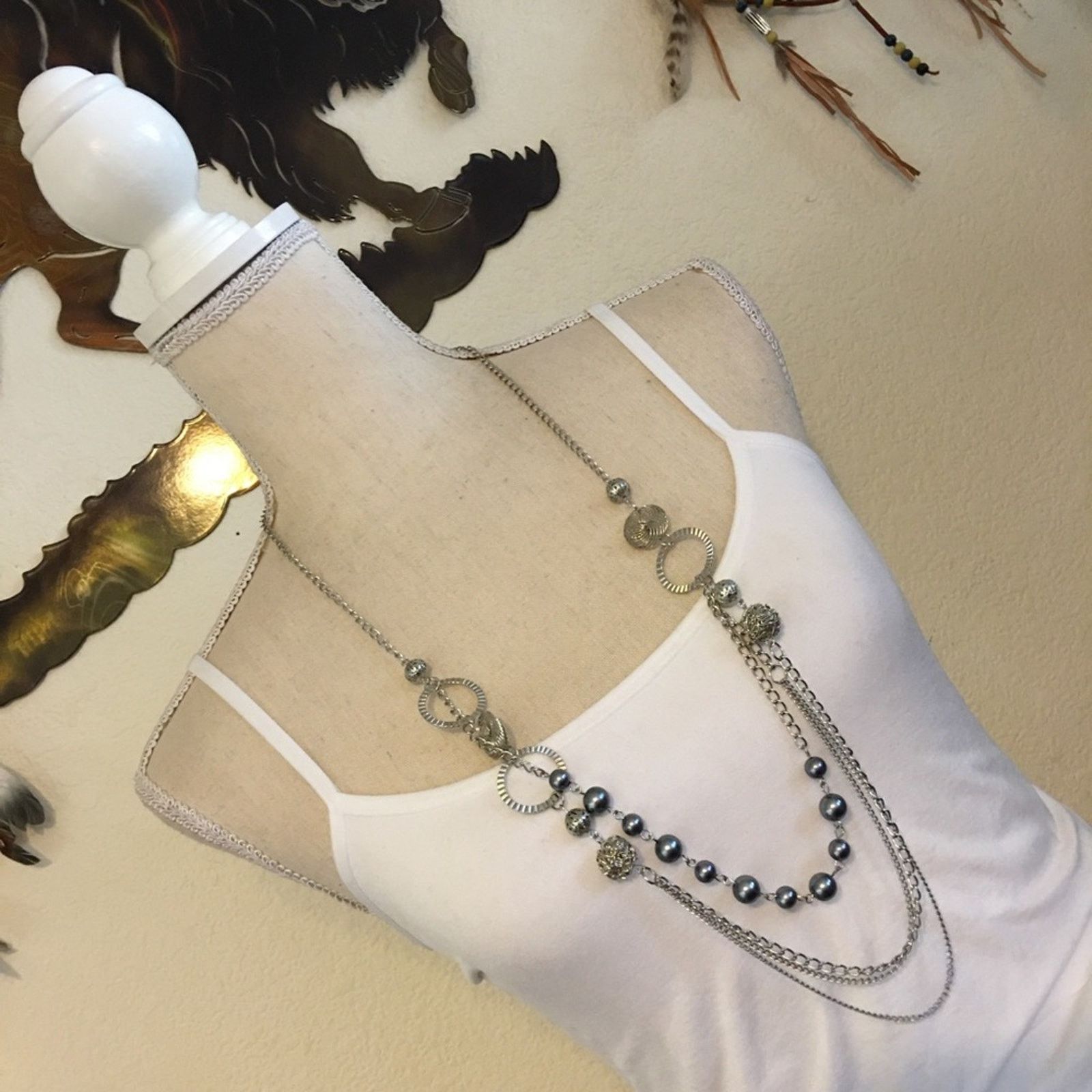 Jewelry Silver tone tiered gray pearl bead long necklace Size ONE SIZE - 3 Thumbnail