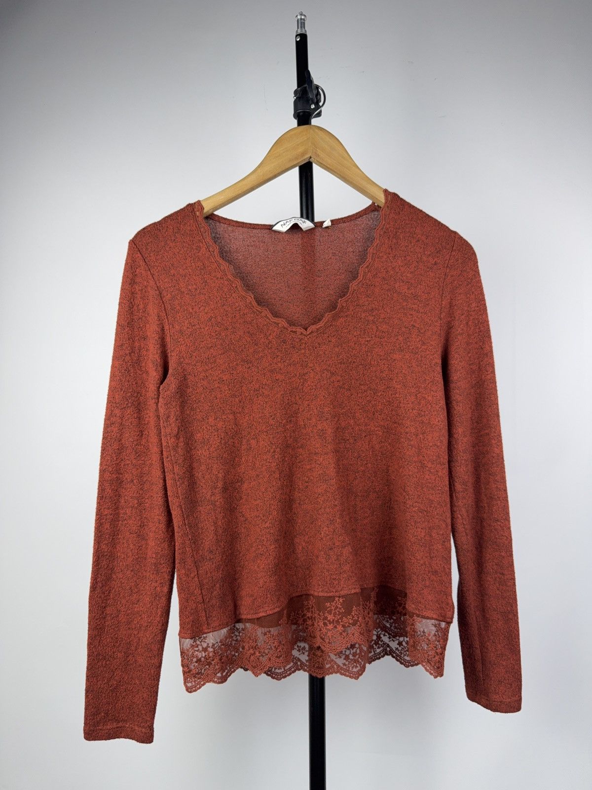 Japanese Brand 00s NAF NAF Romantic Terracotta Knit Top with Lace Trim S Size S / US 4 / IT 40 - 1 Thumbnail