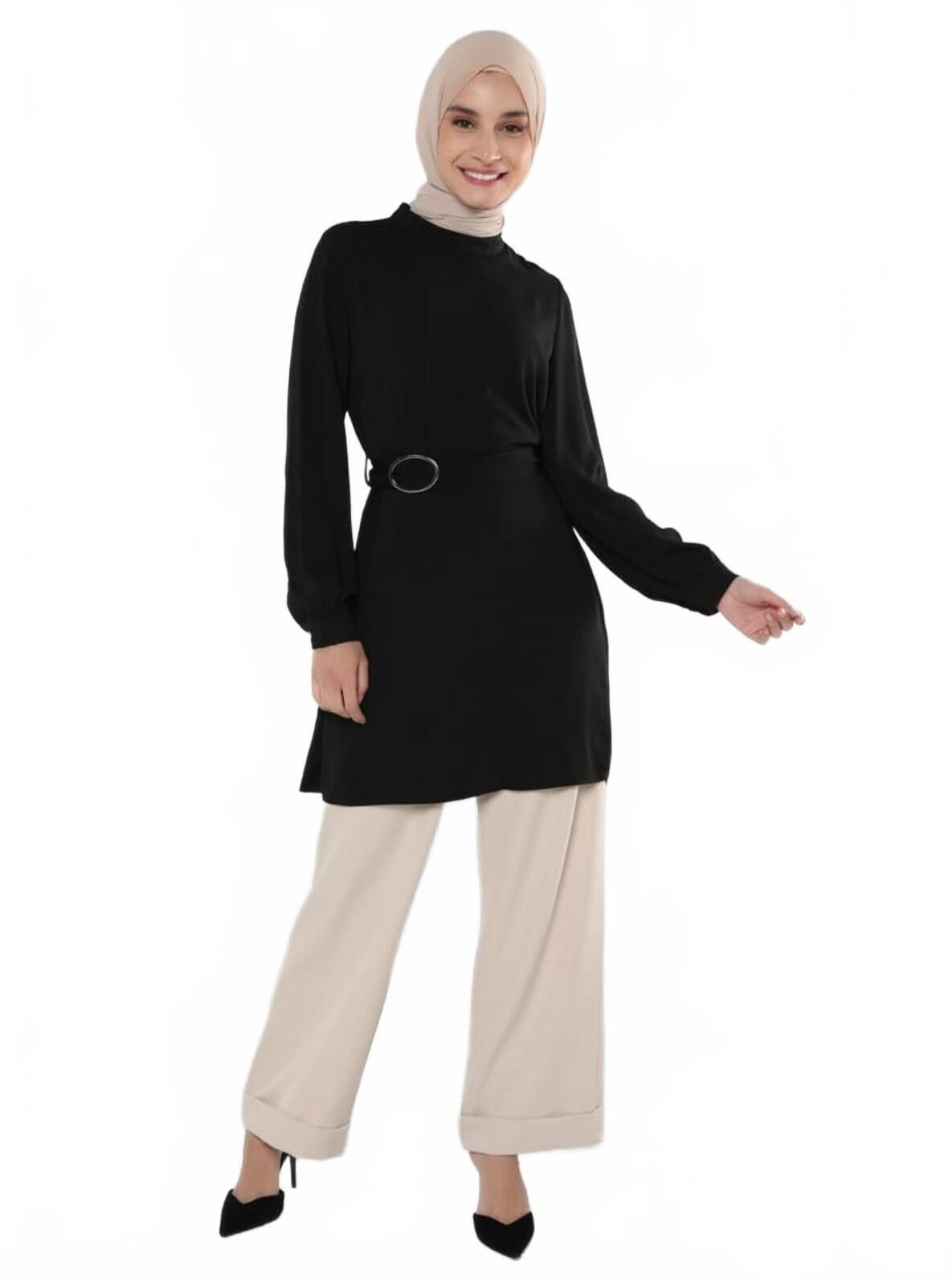 The Unbranded Brand Elegant Black Long Sleeve Tunic with Belt Detail, Size - 12 Size XL / US 12-14 / IT 48-50 - 1 Thumbnail