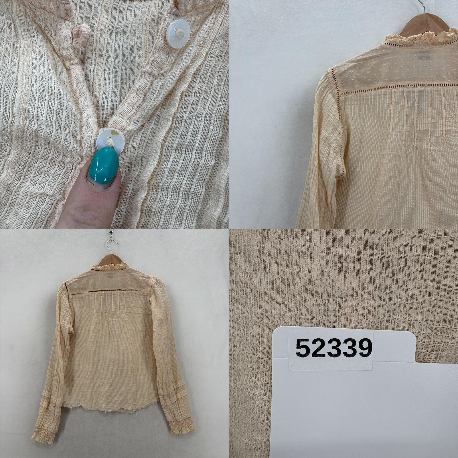 Faherty Faherty Blouse Womens Small Beige Organic Cotton V-Neck Long Sleeve Button Ruffle Crinkle Size S / US 4 / IT 40 - 9 Thumbnail