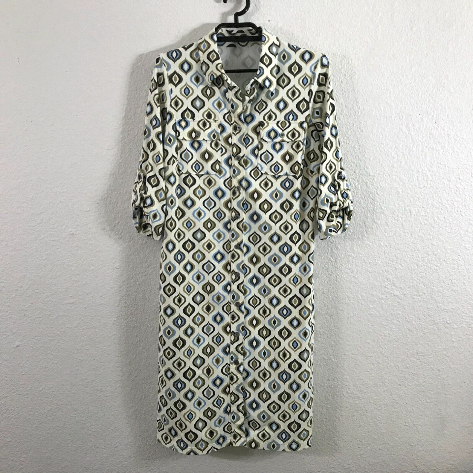 image of Vintage J. Mclaughlin Dress Size S Multicolor Geometric 3/4 Sleeve Nylon Spandex Womens in White