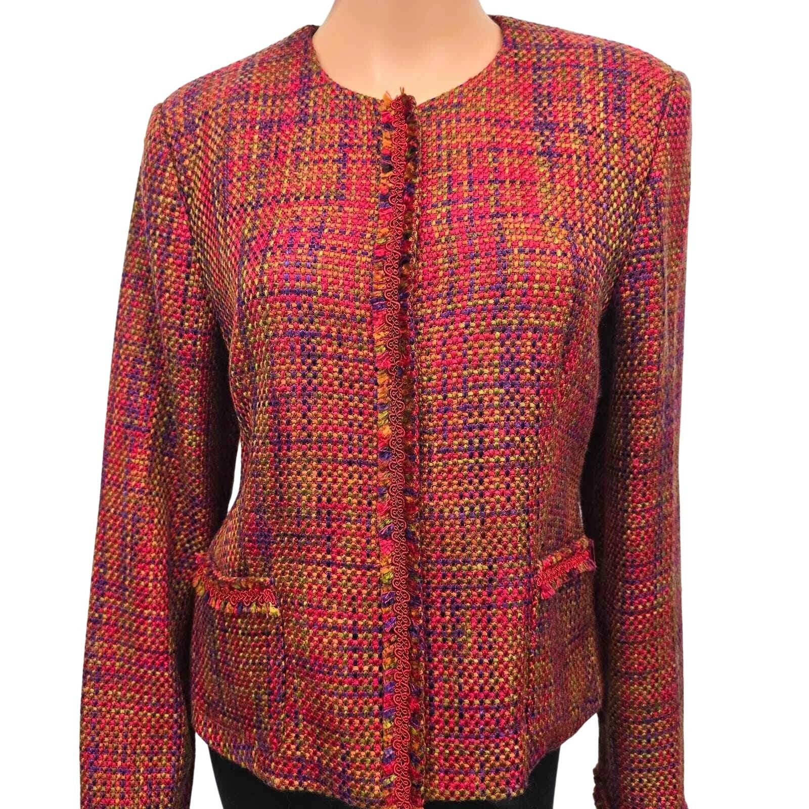Vintage Madison Studio Tweed Boucle Blazer Jacket 12 Red Snap button Size M / US 6-8 / IT 42-44 - 3 Thumbnail