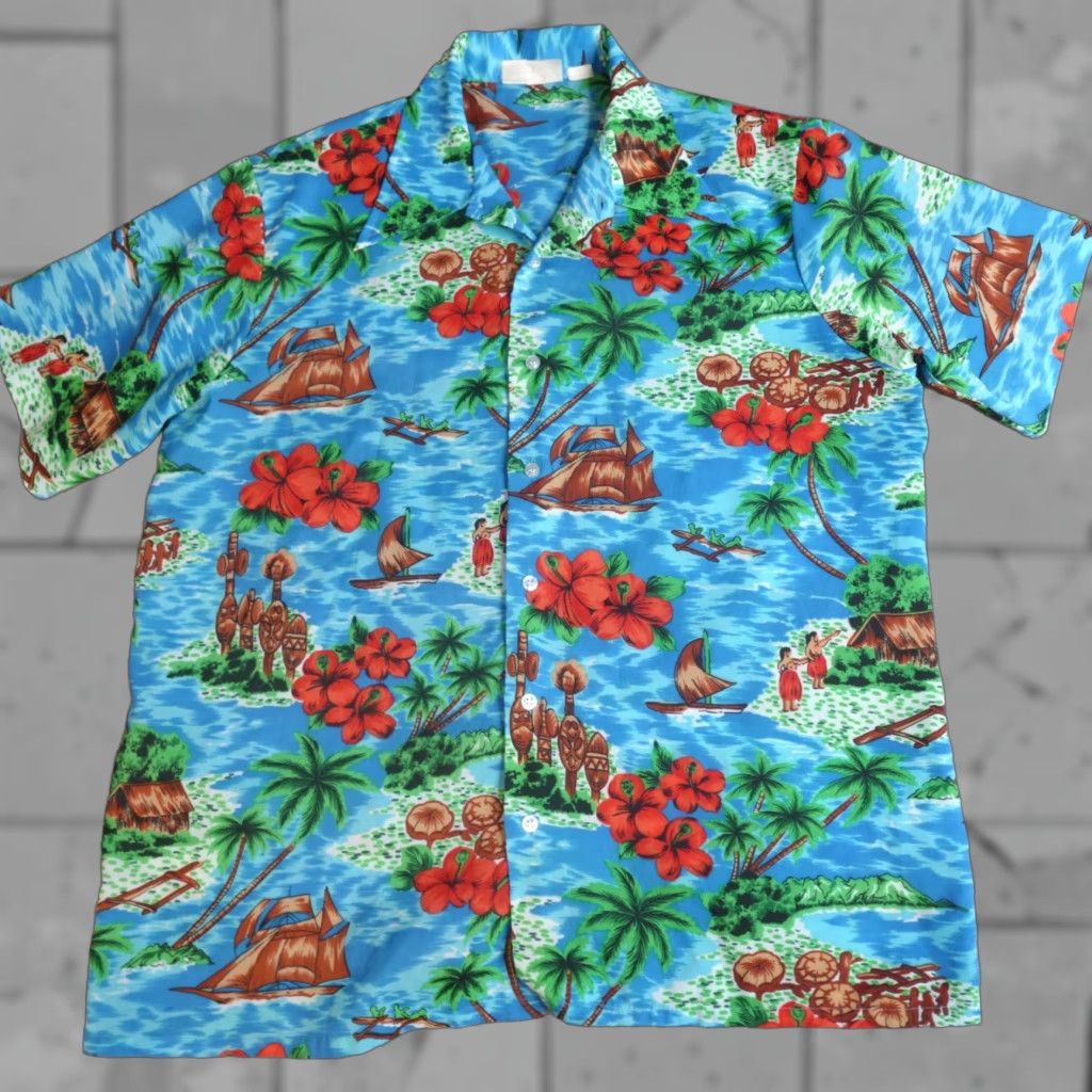 Sears VINTAGE Kings Road Hawaiian Shirt L Blue Floral Button-Up Short Sleeve Collared Men 70s Size US L / EU 52-54 / 3 - 1 Thumbnail