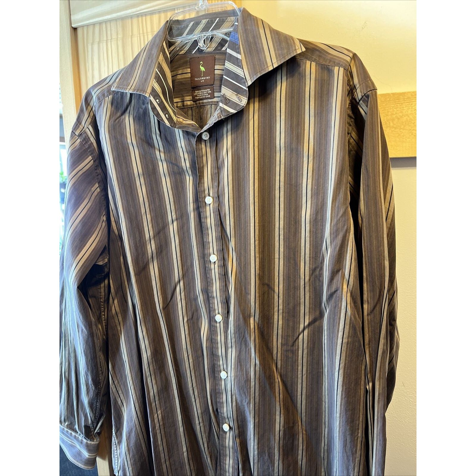Tailorbyrd TAILORBYRD Men L Striped Brown Gold Long Sleeve cotton Shirt Size US L / EU 52-54 / 3 - 2 Thumbnail