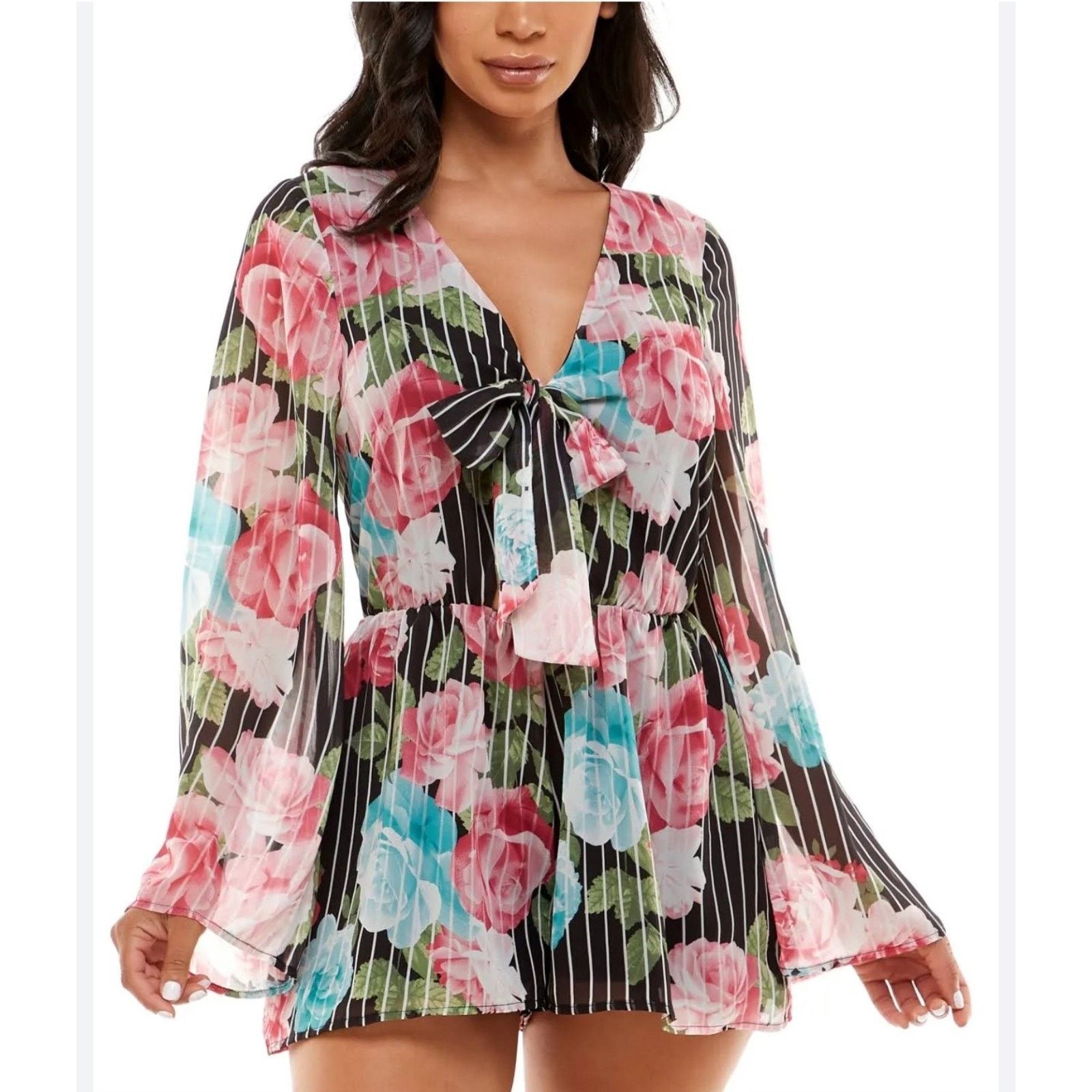 Bebe Bebe The Front Ruffle Flutter Sleeve Romper Blossom Roman S Size 26" / US 2 / IT 38 - 5 Thumbnail
