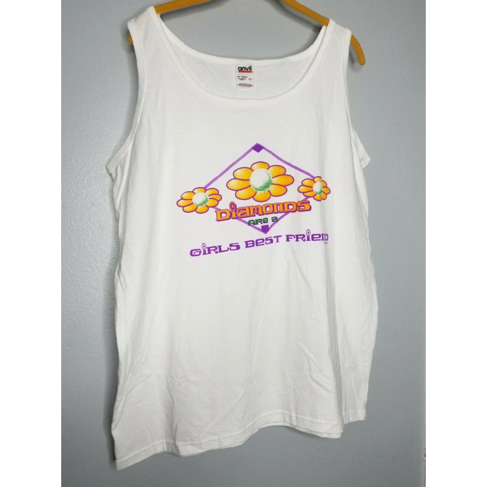 Anvil VINTAGE Anvil Diamonds Are A Girl's Best Friend Softball Tank Top Adult XL White Sleeveless Cotton Muscle Tee Girls 90s Theme Size XL / US 12-14 / IT 48-50 - 3 Thumbnail