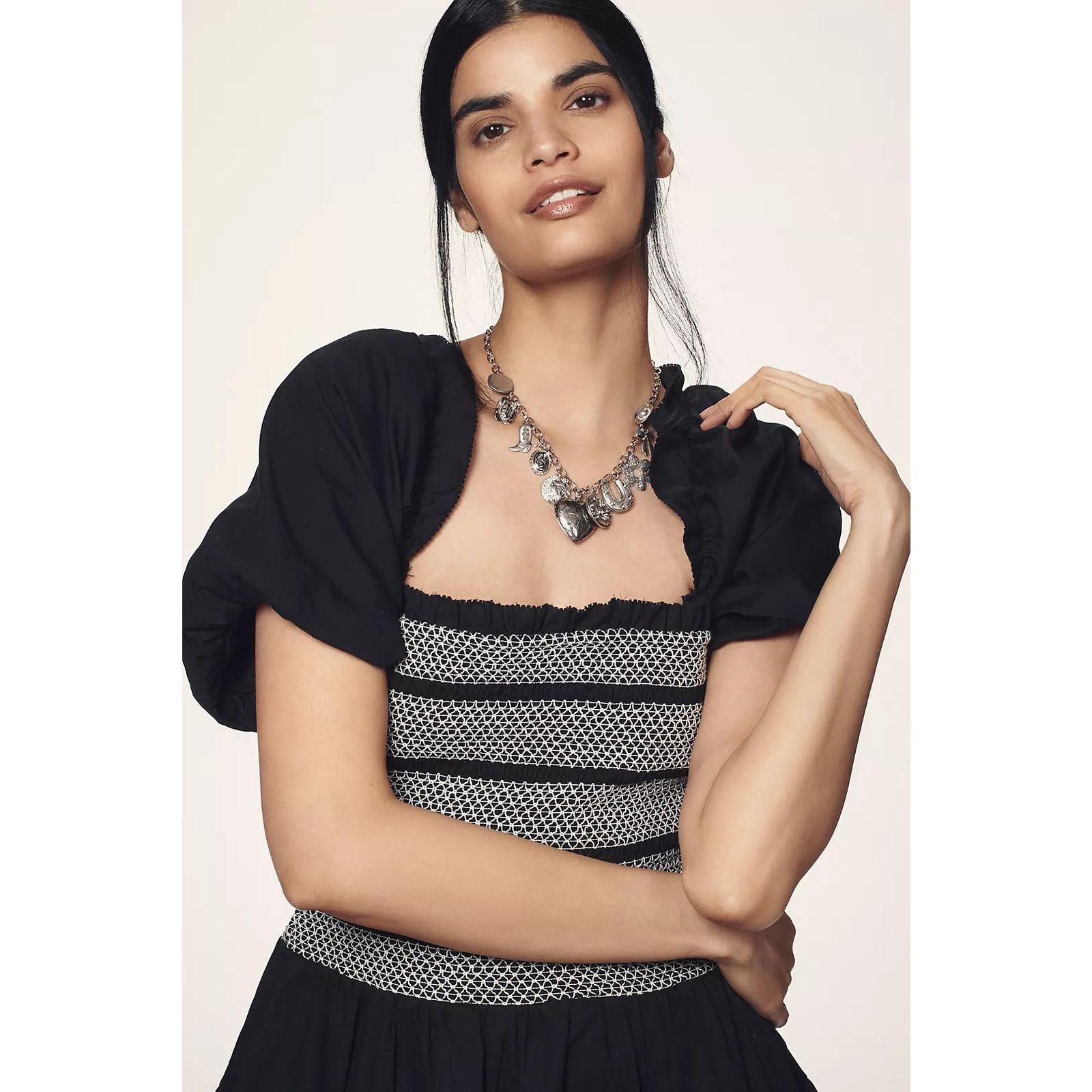 Anthropologie NWT Puff-Sleeve Square-Neck Smocked Mini Dress $158 Black Size S / US 4 / IT 40 - 5 Thumbnail