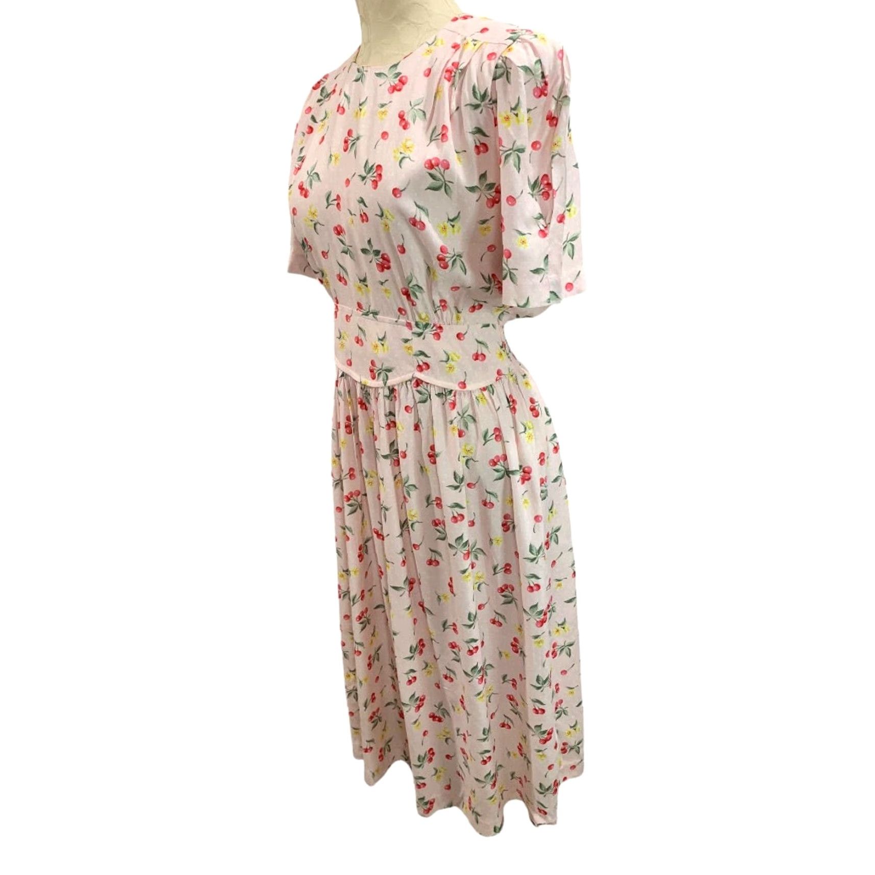 Pinko VINTAGE Karen Stevens Midi Dress 10P Petite Women Pink Cherry Print 1990s Size L / US 10 / IT 46 - 4 Thumbnail
