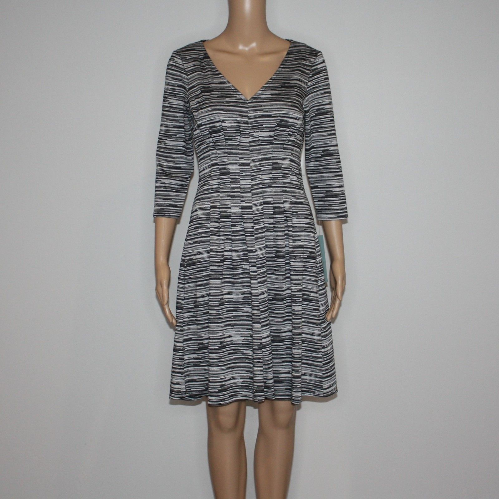 Other London Times Black & Gray Striped V-Neck Midi Dress Size M / US 6-8 / IT 42-44 - 1 Thumbnail
