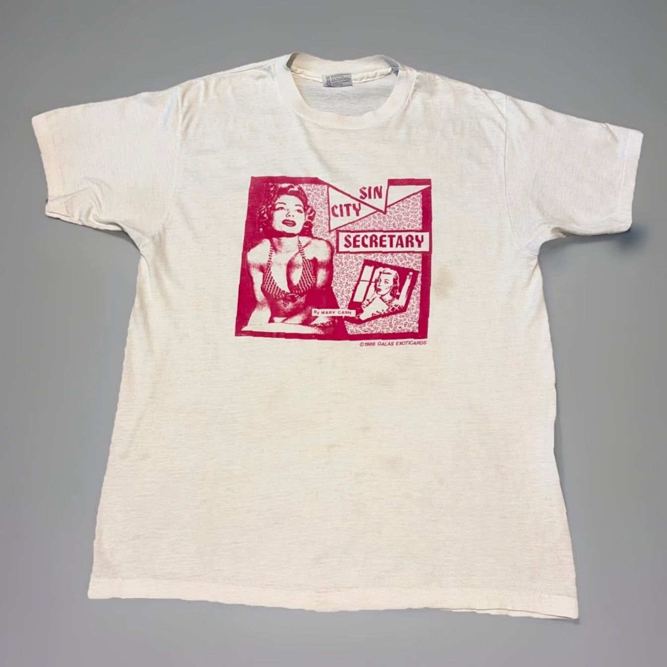 Hanes VINTAGE 1986 Galas Exoticards Sin City Secretary Mary Cash Exot ic Raunchy Art T-Shirt Hanes White XL Unisex Adults Marie Mens Shirt Size US XL / EU 56 / 4 - 2 Thumbnail