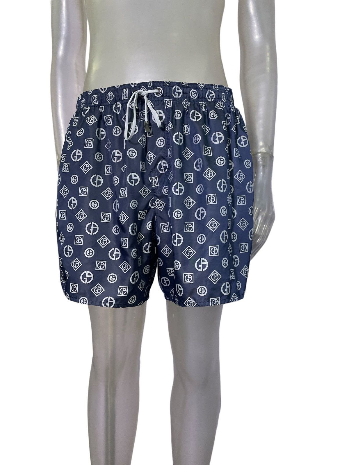 image of Giorgio Armani Navy And Gray Monogram Logo Swim Shorts in Blue, Men's (Size 36)