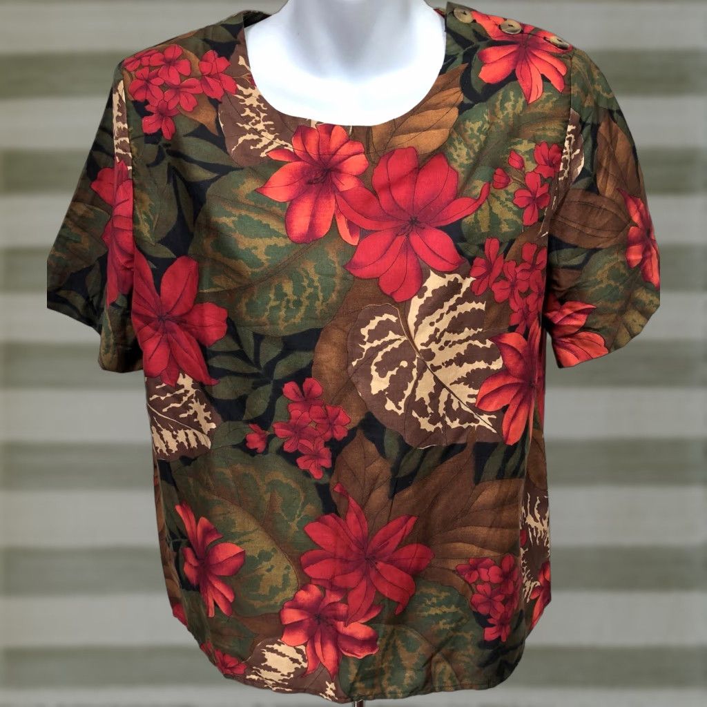 Vintage Cristin Stevens Rayon Blouse Short Sleeve Red Floral Hawaiian Luau Womens S Size S / US 4 / IT 40 - 1 Thumbnail