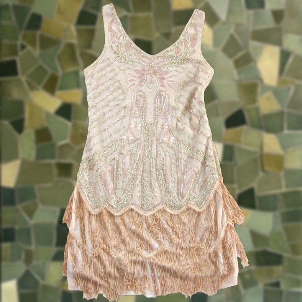 beach inspired bridesmaid dresses 1920's Beaded 3 Fringe Gatsby Art Deco Flapper Dress – A Walk Thru Time  Vintage main image 0