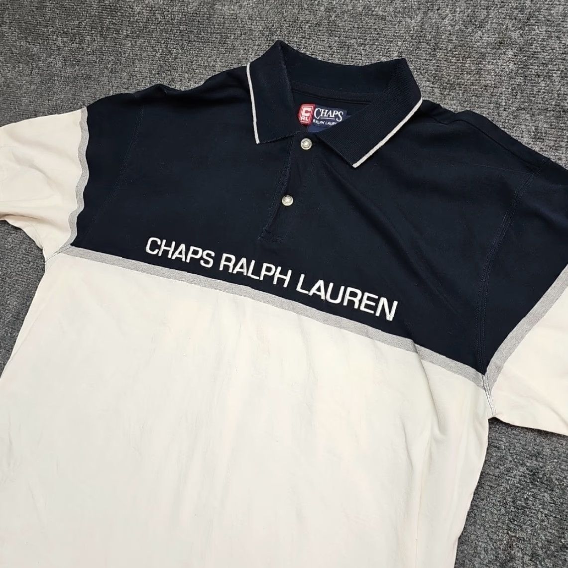 Polo Ralph Lauren VINTAGE CHAPS Polo Rugby Shirt Men 2XL Navy White 2 Tone Front Spellout Embroidered Logo Button Collar Short Sleeve Cotton 100% Regular Mens Size US XXL / EU 58 / 5 - 2 Thumbnail