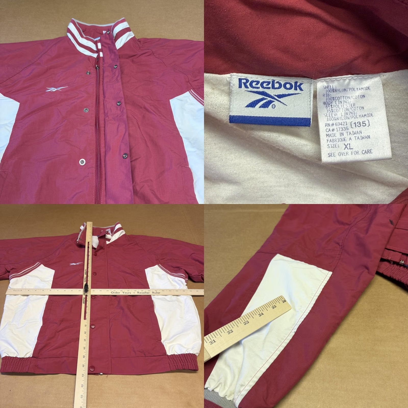Reebok VINTAGE Reebok Jacket Mens XL Red Nylon Varsity Full Zip Windbreaker 90s Wind-Resistant Zipper Pockets Embroidered Logo Striped Rib Trim Casual Travel Size US XL / EU 56 / 4 - 9 Thumbnail