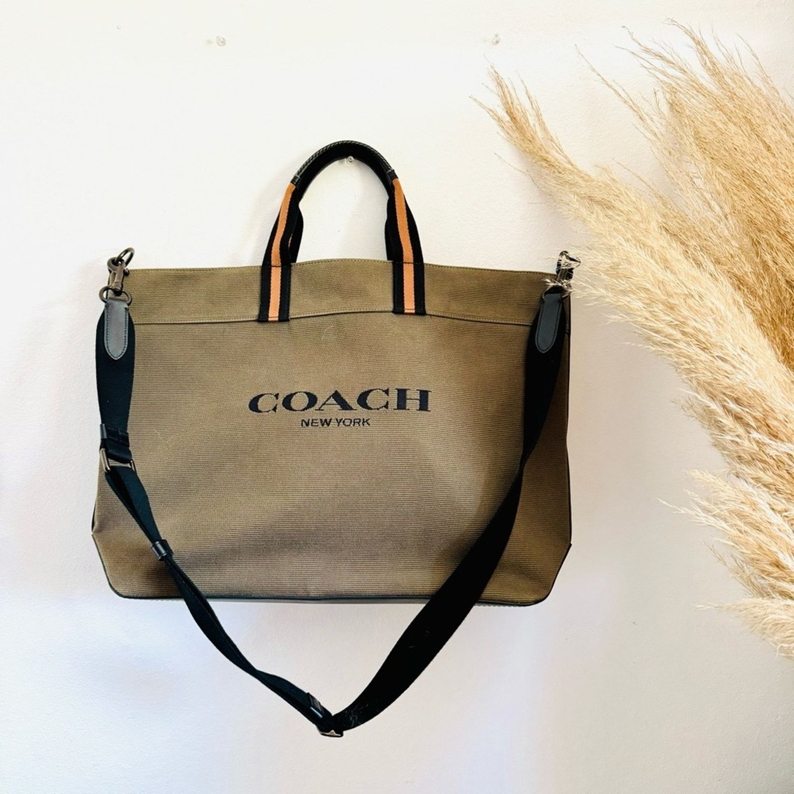 Coach Olive Green Black Canvas Leather Zip Travel Tote Bag, Women's