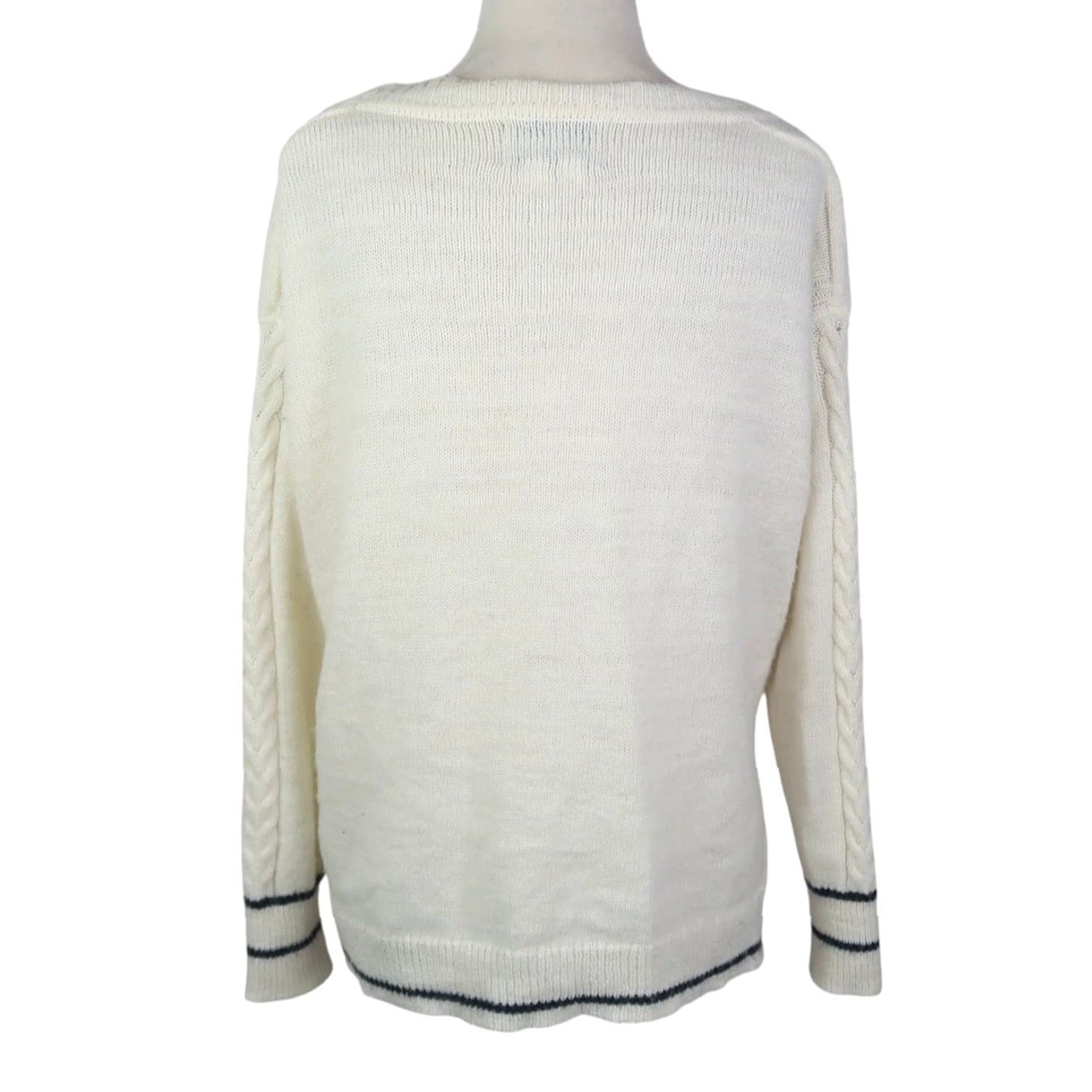 Vintage Folk by Hansel From Basel Cardigan Sweater Cream Navy Trim Wool Blend XS Women Long Sleeve V-Neck Size XS / US 0-2 / IT 36-38 - 4 Thumbnail