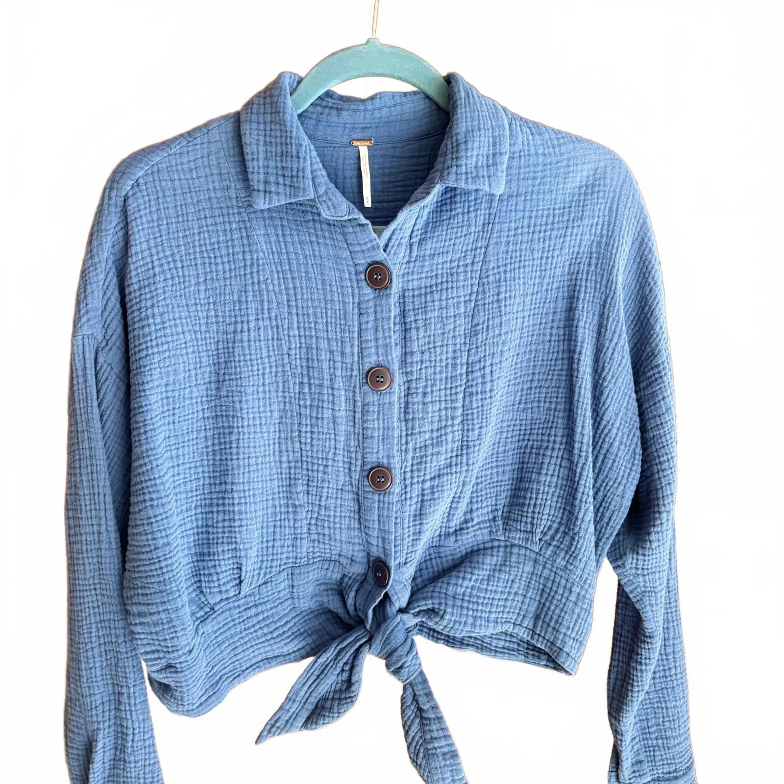 Free People Free People Blue Button-Up Tie-Front Top, Size S Size S / US 4 / IT 40 - 4 Thumbnail