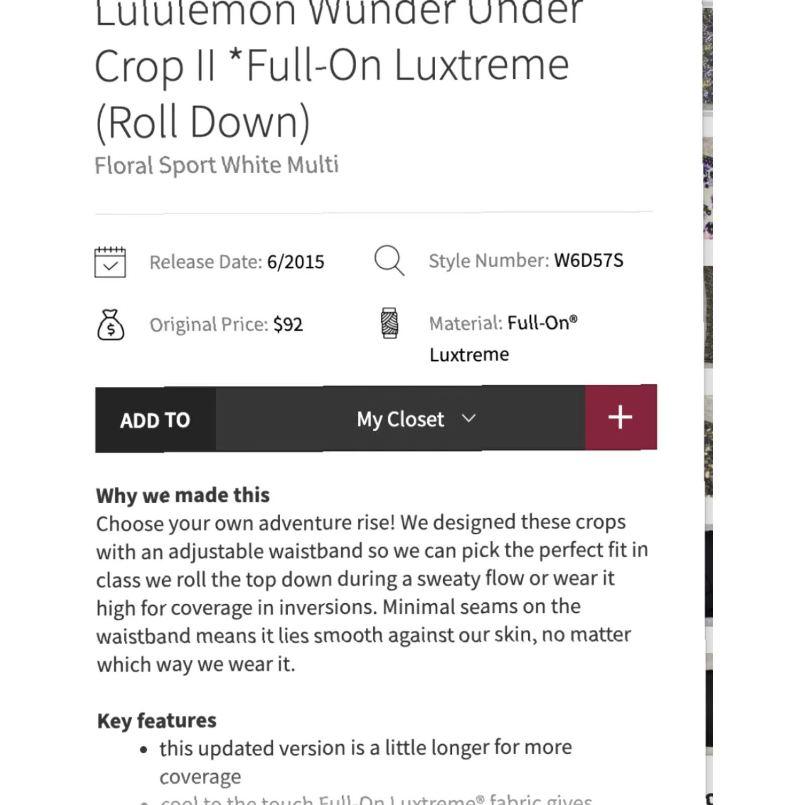 Lululemon LULULEMON Wunder Under Crop II Leggings Women Size 6 / 21" Floral Yoga Gym Sport Size 28" / US 6 / IT 42 - 4 Thumbnail