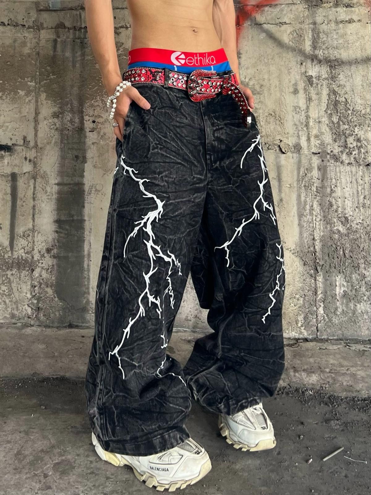 Vintage Lightning Embroidered Washed Loose Long Denim Jeans Size US 32 / EU 48 - 2 Thumbnail