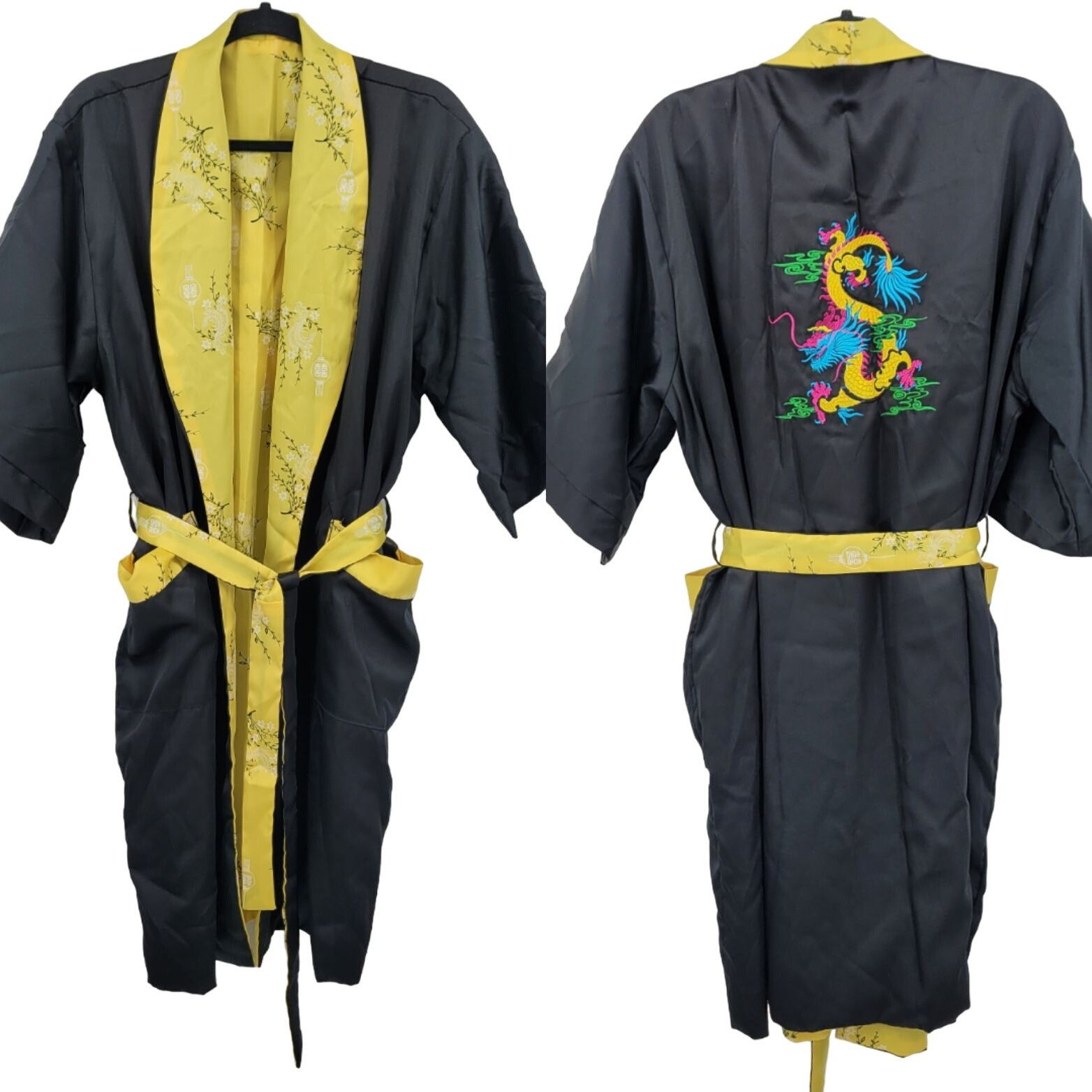 Japanese Brand Reversible Kimono Robe L Black Embroidered Dragon Yellow Flo Size US L / EU 52-54 / 3 - 2 Thumbnail
