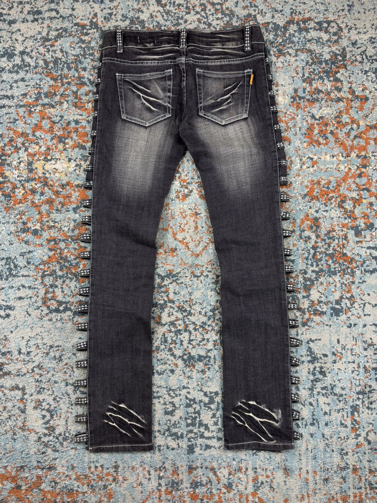 Japanese Brand × Vintage Vintage Y2K Crazy open leg side flared crystal studded denim Size 33" - 3 Thumbnail