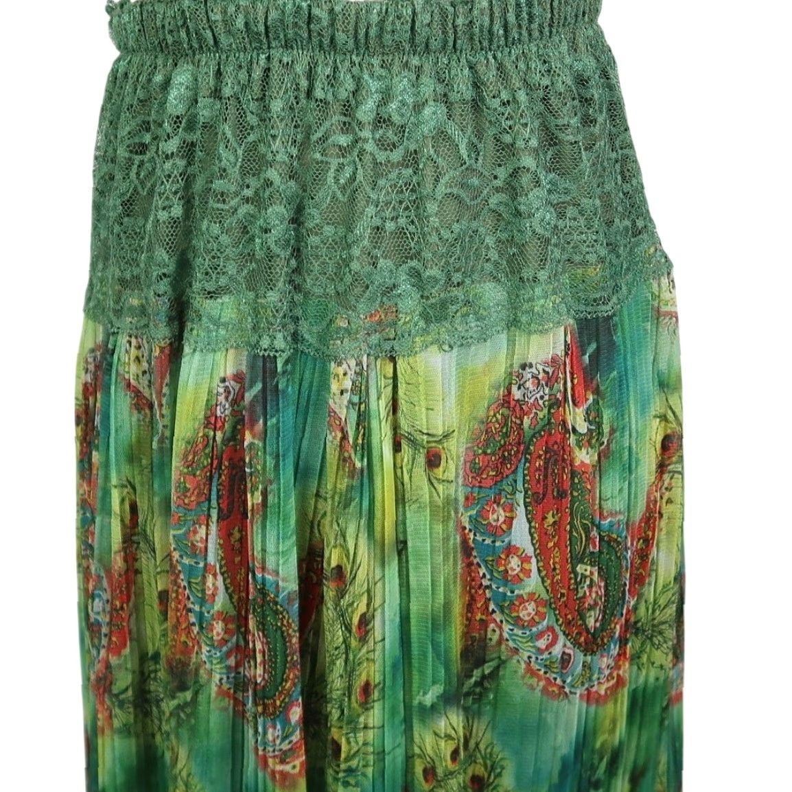 Vintage VINTAGE Green Peacock Paisley Print Lace Trim Pleated Midi Maxi Skirt S Women's Size 28" / US 6 / IT 42 - 2 Thumbnail
