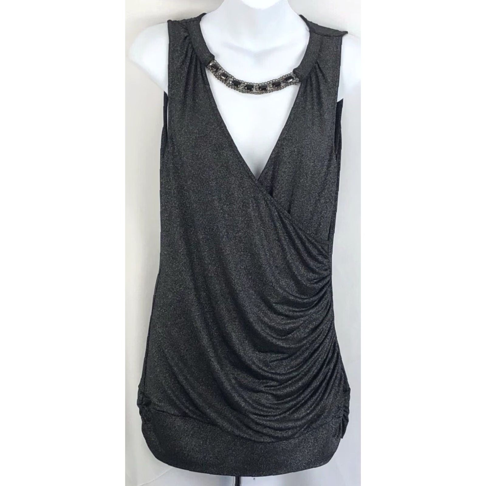 Vintage Vtg Draped mini dress L Jrs Blk Glitter Sleeveless Plunge Surplice Beads Chain Size L / US 10 / IT 46 - 2 Thumbnail