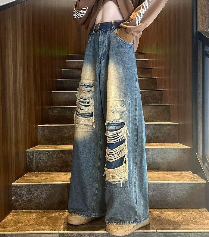 Japanese Brand Men's American retro loose wide-leg straight ripped jeans Size US 32 / EU 48 - 2 Thumbnail