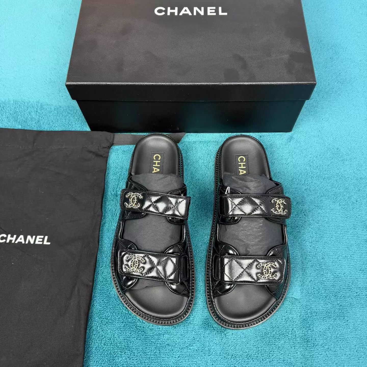 Chanel Chanel 24P Quilted Velcro Black Gold Logo Sandals 36 Size US 5.5 / IT 35.5 - 1 Thumbnail