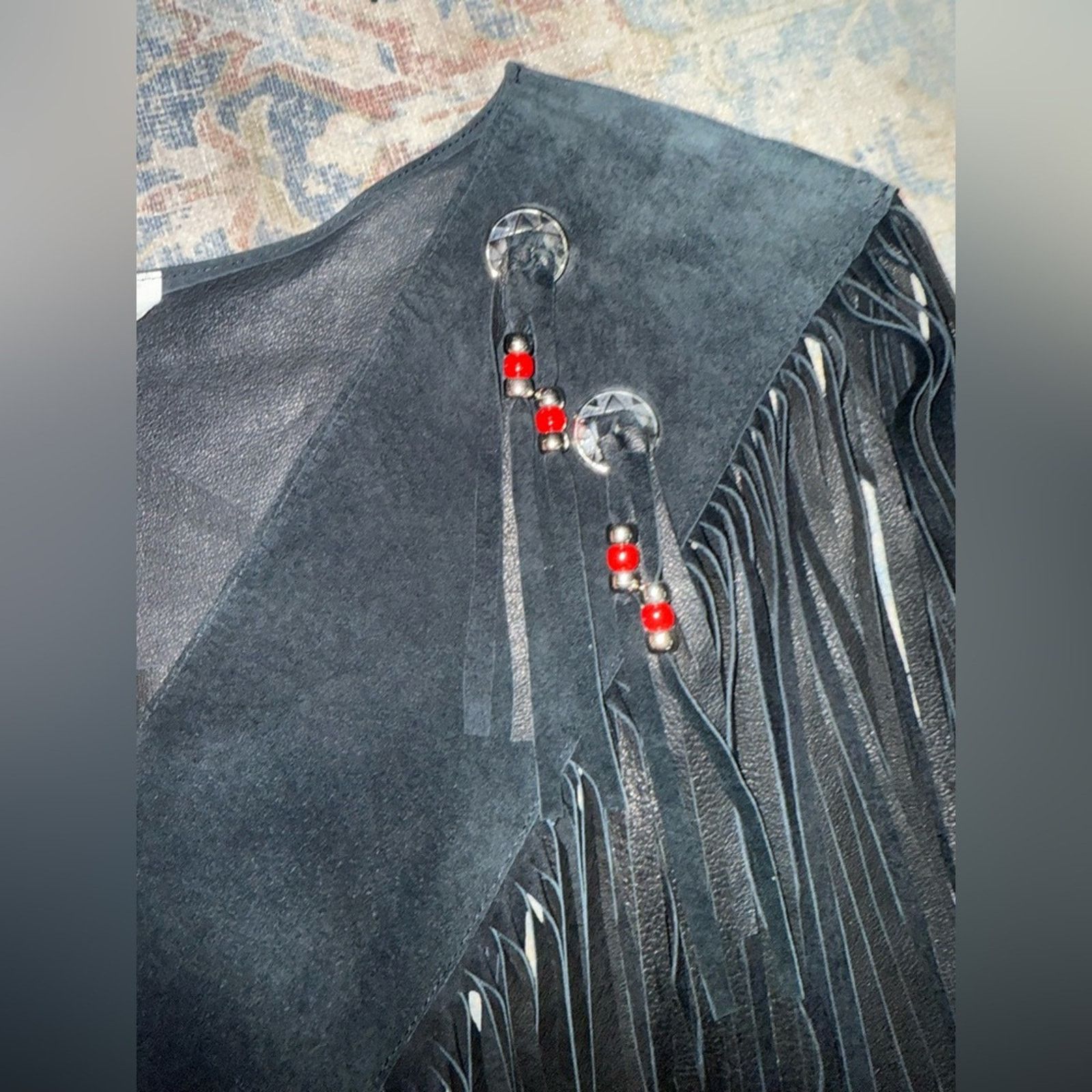 Handmade Black Leather Fringe Shawl Western Cowgirl Style Beaded Size ONE SIZE - 3 Thumbnail